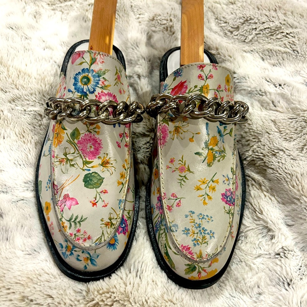 Free People Vida Leather Chain Mules in Ivory Floral, Size 39